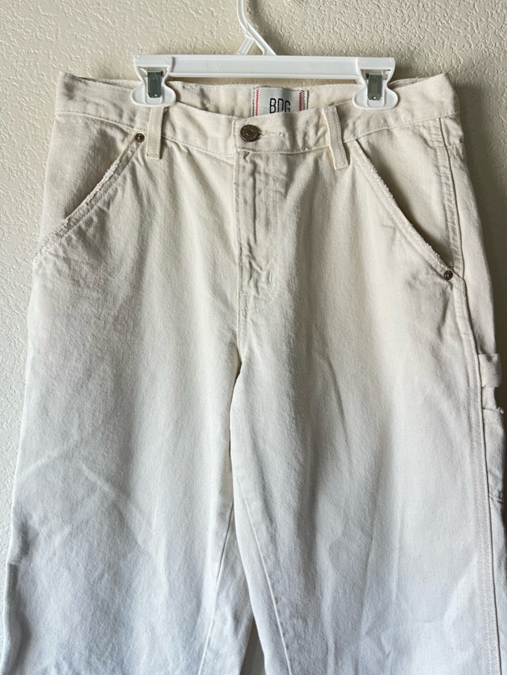BDG Cream High Rise Carpenter Distressed Wide Leg Jeans with Utility Pockets - Picture 5 of 11